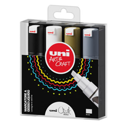 Immagine di Marcatore a gesso liquido Uni Chalk Marker - punta scalpello da 1,80-2,50 mm - colori assortiti - Uni Mitsubishi - busta 4 pezzi [M PWE8K 4P/1]