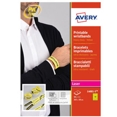 Immagine di Braccialetti identificativi stampabili - giallo - 5 fogli - A4 - Avery [L4001-5]