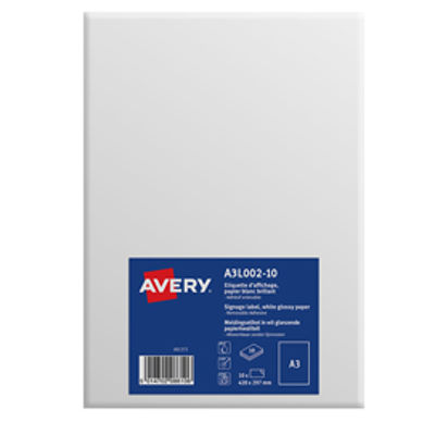 Immagine di Etichette in carta bianca lucida - rimovibile - A3 (1 et/fg) - 10 fogli -  Avery [A3L002-10]