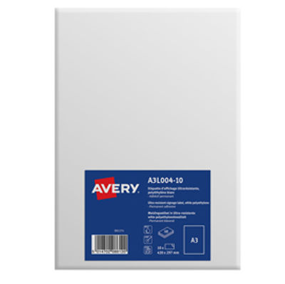 Immagine di Etichette in polietilene bianco opaco - permanente - A3 (1 et/fg) - 10 fogli - Avery [A3L004-10]