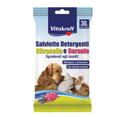 Immagine di Salviette detergenti per pelo di animali (cani, gatti, roditori) - citronella e geranio - Vitakraft - conf. 30 pezzi [22888]