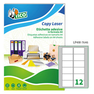 Immagine di Etichetta adesiva LP4W - permanente - 76,2x46,4 mm - 12 etichette per foglio - bianco - Tico - conf. 100 fogli A4 [LP4W-7646]