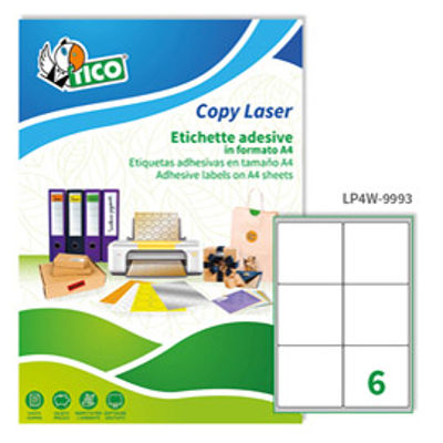 Immagine di Etichetta adesiva LP4W - permanente - 99,1x93,1 mm - 6 etichette per foglio - bianco - Tico - conf. 100 fogli A4 [LP4W-9993]