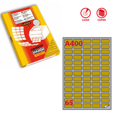 Immagine di Etichetta adesiva A400 - per stampanti laser - 38,1 x 21.2 mm - 65 etichette per foglio - oro - Markin - scatola da 100 fogli A4 [220LGA400]