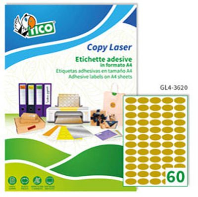 Immagine di Etichetta adesiva GL4 - ovale - permanente - 36x20 mm - 60 etichette per foglio - satinata oro - Tico - conf. 100 fogli A4 [GL4-3620]