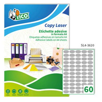 Immagine di Etichetta adesiva SL4 - ovale - permanente - 36x20 mm - 60 etichette per foglio - satinata argento - Tico - conf. 100 fogli A4 [SL4-3620]
