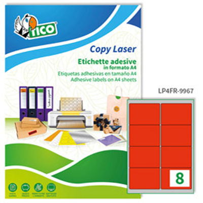 Immagine di Etichetta adesiva LP4F - permanente - 99,1x67,7 mm - 8 etichette per foglio - rosso fluo - Tico - conf. 70 fogli A4 [LP4FR-9967]