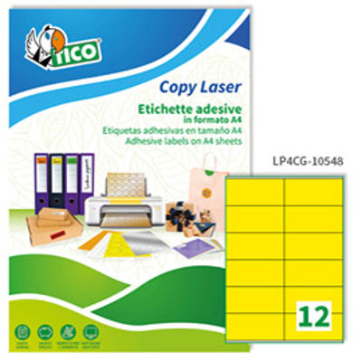 Immagine di Etichetta adesiva LP4C - permanente - 105x48 mm - 12 etichette per foglio - giallo opaco - Tico - conf. 70 fogli A4 [LP4CG-10548]