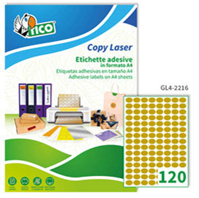 Immagine di Etichetta adesiva GL4 - ovale - permanente - 22x16 mm - 120 etichette per foglio - satinata oro - Tico - conf. 100 fogli A4 [GL4-2216]
