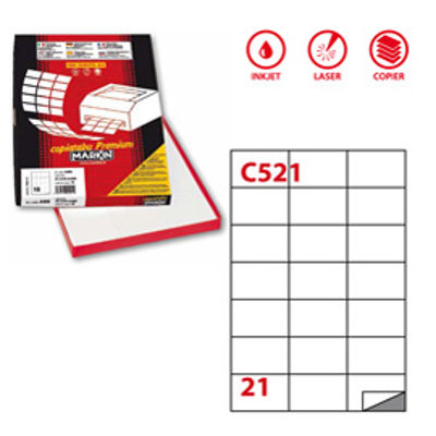 Immagine di Etichetta adesiva C521 - permanente - 70x42,43 mm - 21 etichette per foglio - bianco - Markin - scatola 100 fogli A4 [210C521]
