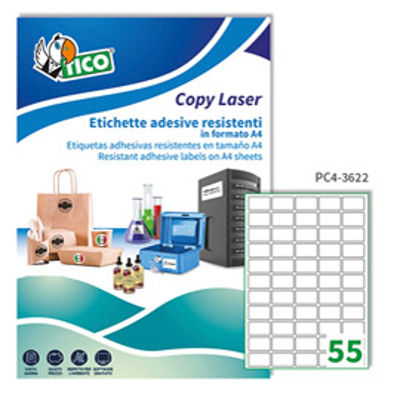 Immagine di Etichetta in poliestere PC4 -  adatta a stampanti laser - permanente - 36x22 mm - 55 etichette per foglio - trasparenti - Tico - conf. 100 fogli A4 [PC4-3622]