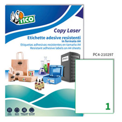 Immagine di Etichetta in poliestere PC4 - adatta a stampanti laser - permanente - 210x297 mm - 1 etichetta per foglio - trasparente - Tico - conf. 100 fogli A4 [PC4-210297]
