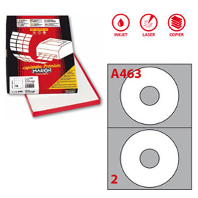 Immagine di Etichetta adesiva A463 per CD - permanente - diametro CD 117,5 mm - foro 41 mm - 2 etichette per foglio - bianco - Markin - scatola 100 fogli A4 [210A463]