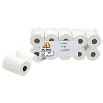 Immagine di Rotolo per POS e carte di credito - 57 mm x 20 m - diametro esterno 40 mm - anima 12 mm - 55 gr - carta termica BPA free - Sabacart - blister 10 pezzi [3125057020CX]