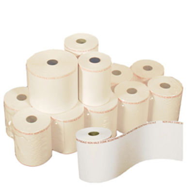 Immagine di Rotolo per POS e carte di credito - 57 mm x 20 m - diametro esterno 64 mm - anima 12 mm - carta chimica a 2 copie - Sabacart - blister 10 pezzi [15325702012BX]