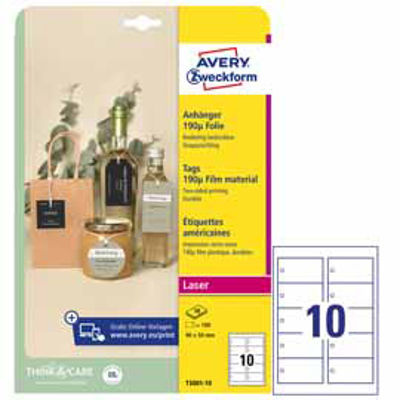 Immagine di Cartellini stampabili resistenti 190mic 90x50mm 10fg(10cart/fg) bianco Avery [T3001-10]