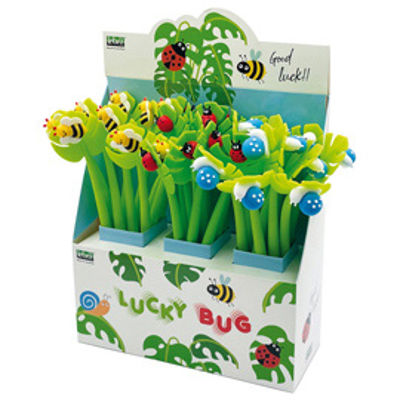 Immagine di Penne a sfera Lucky Bug Flexi - con fusto flessibile - fantasie assortite - Lebez - expo 30 pezzi [81497]