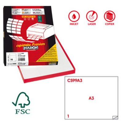 Immagine di Etichetta adesiva C599 - permanente - 420x297 mm - 1 etichetta per foglio - bianco - Markin - scatola 100 fogli A3 [214C599A3]