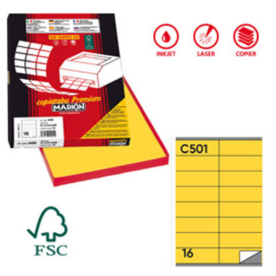 Immagine di Scatola 100 Fogli A4 Etichetta Adesiva Permanente Markin Giallo C501 105x36mm 16 Etichette per Foglio [210C501GI]