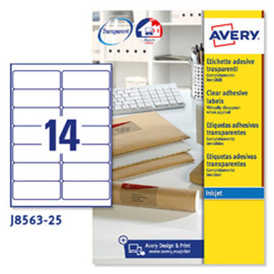 Immagine di Poliestere adesivo J8563 trasparente 25fg A4 99,1X38,1 (14et/fg) Inkjet Avery [J8563-25]