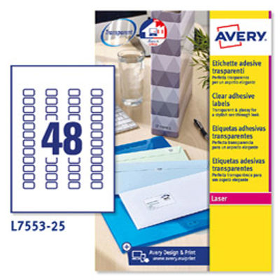 Immagine di Poliestere adesivo L7553 trasparente 25fg A4 22x12,7mm (48et/fg) laser Avery [L7553-25]