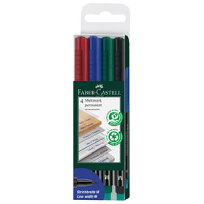 Immagine di Pennarello Multimark universale permanente con gomma  - punta media 1,0mm - astuccio 4 colori - Faber Castell [152504]