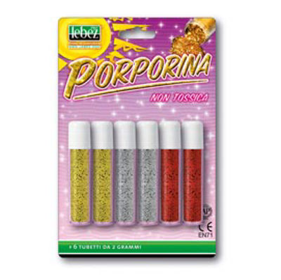 Immagine di Porporina glitter - 2gr - colori assortiti - Lebez - conf. 6 tubi [5134-ASS]