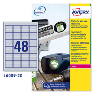 Immagine di Poliestere adesivo L6009 argento 20fg A4 45,7x21,2mm (48et/fg) laser Avery [L6009-20]