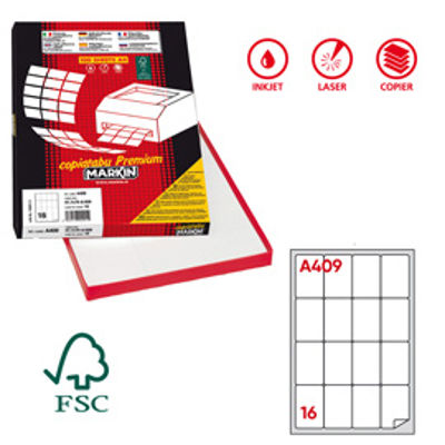 Immagine di Etichetta adesiva A409 - permanente - 47,7x70 mm - 16 etichette per foglio - bainco - Markin - scatola 100 fogli A4 [210A409]