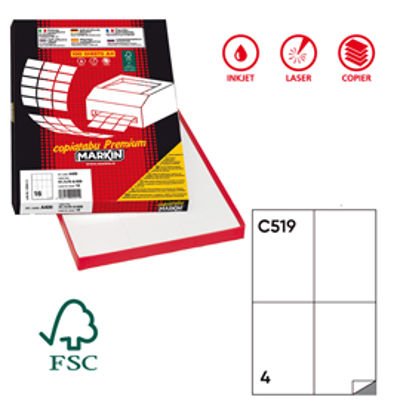 Immagine di Etichetta adesiva C519 Extra Forte - permanente - 105 x148,5 mm - 4 etichette per foglio - bianco - Markin - scatola 100 fogli A4 [210C519SP]