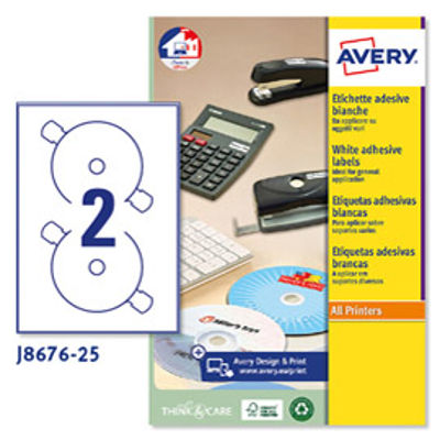 Immagine di Etichetta adesiva J8676  per CD/DVD - carta - permanente - adatta a stampanti inkjet - D 117 mm - 2 etichette per foglio - bianco opaco - Avery - conf. 25 fogli A4 [J8676-25]