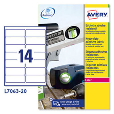 Immagine di Poliestere adesivo l7063 bianco 20fg A4 99,1x38,1mm (14et/fg) laser avery [L7063-20]