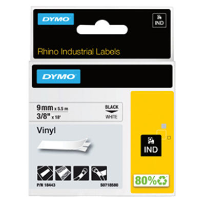 Immagine di NASTRO VINILE 9mm x 5.5mt nero su bianco 18443 RHINO [S0718580]