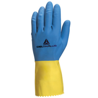 Immagine di Guanti da lavoro industriale Duocolor 330 - lattice floccato cotone - taglia 08/09 - blu/giallo - Deltaplus [VE330BJ08]