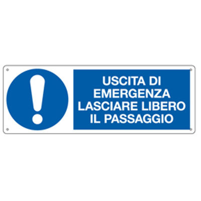 Immagine di Cartello segnalatore - 35x12,5 cm - USCITA DI EMERGENZA LASCIARE LIBERO IL PASSAGGIO - alluminio - Cartelli Segnalatori [E19994K]