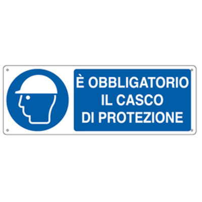 Immagine di Cartello segnalatore - 35x12,5 cm - E' OBBLIGATORIO IL CASCO DI PROTEZIONE - alluminio - Cartelli Segnalatori [E1902K]