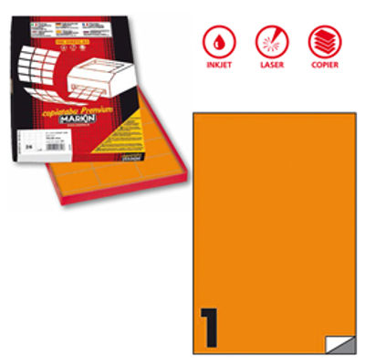 Immagine di Etichetta adesiva C503 - permanente - 210x297 mm - 1 etichetta per foglio - arancio fluo - Markin - scatola 100 fogli A4 [X210C503F-AR]