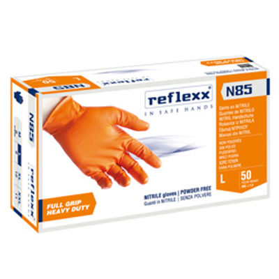 Immagine di Guanti in nitrile N85 - ultra resistenti - tg L - arancione - Reflexx - conf. 50 pezzi [N85/L(9)]