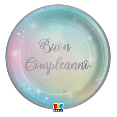 Immagine di Piatto Soft Rainbow - Buon Compleanno - diametro 24 cm - carta - Big Party - conf. 8 pezzi [74291]