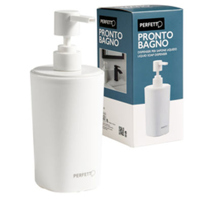 Immagine di Dispenser sapone liquido Pronto Bagno - diametro 8 cm - 450 ml - PPL - bianco - Perfetto [12514]